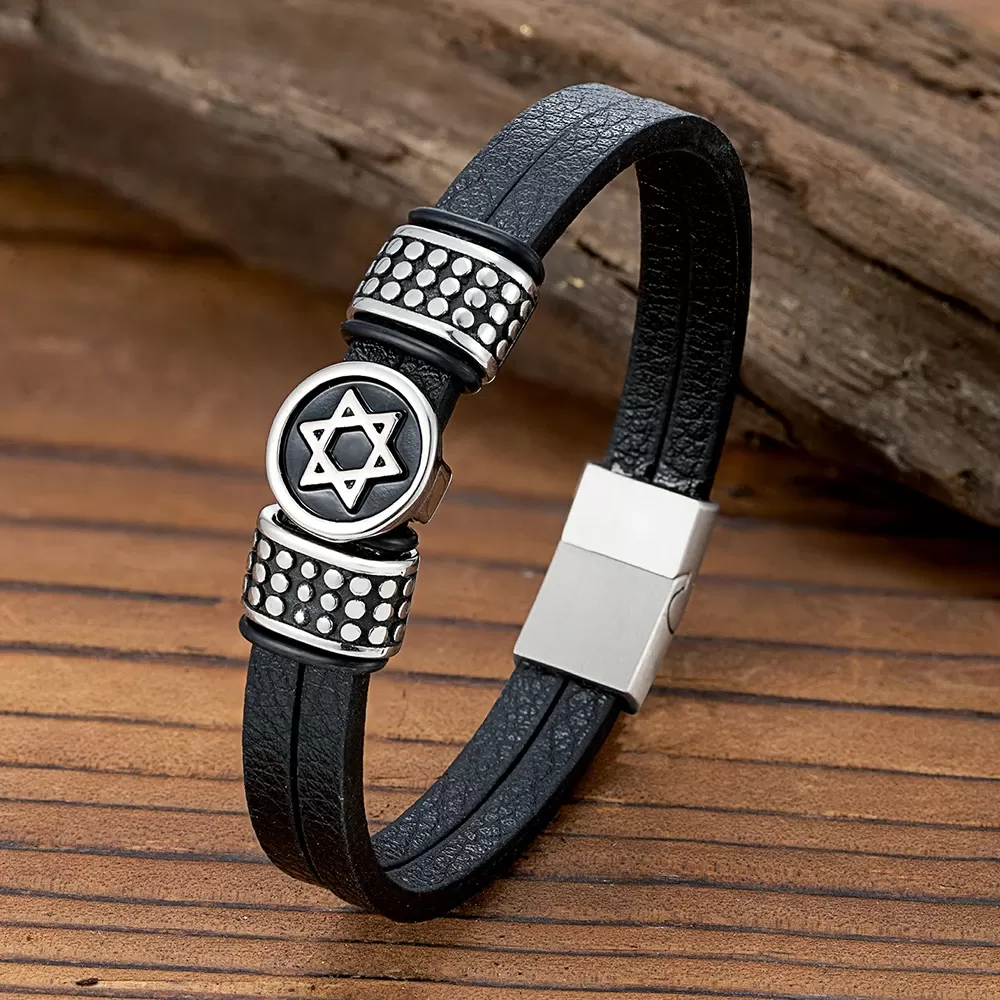 צמיד עור שחור עם מגן דוד לגברים